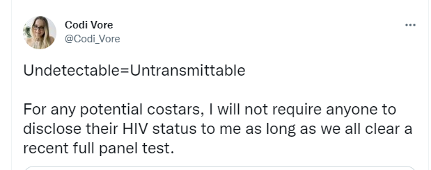 Case in point, today Codi Vore came out and said that she doesn't support people disclosing their HIV status. And that's her right. IT is her body. In the end, you have to decide what is right for you.