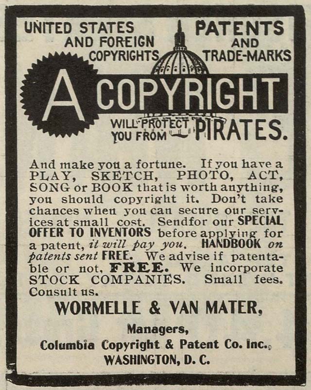 An advertisement for copyright and patent preparation services from 1906, when copyright registration formalities were still required in the US