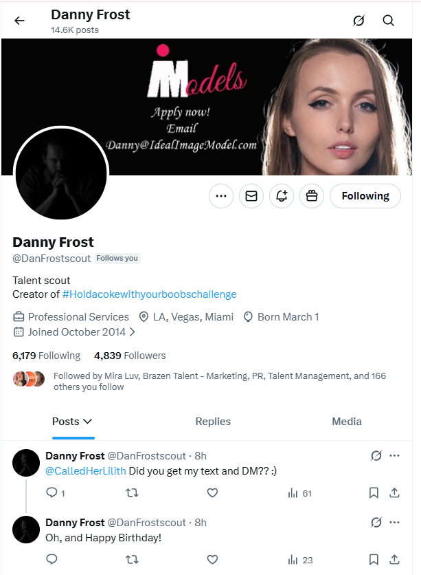 Danny Frost Hijacked 101 Modeling's Official Twitter to Promote Rival Firm - Adult Industry News Danny Frost Hijacked 101 Modeling's Official Twitter to Promote Rival Firm