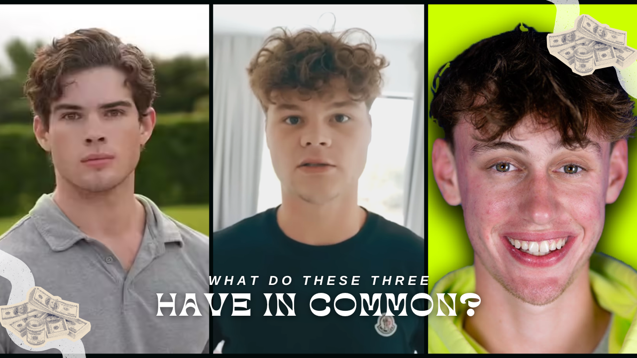 Three-panel thumbnail showing three young men: left outdoors, center indoors, right smiling with neon green background and money clip art; caption reads 'What do these three have in common?'