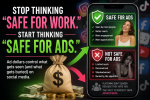 Poster-style image promoting safe-for-ads messaging with bold pink and green text: 'STOP THINKING SAFE FOR WORK' and 'SAFE FOR ADS' and a money bag with cash stacks in foreground.