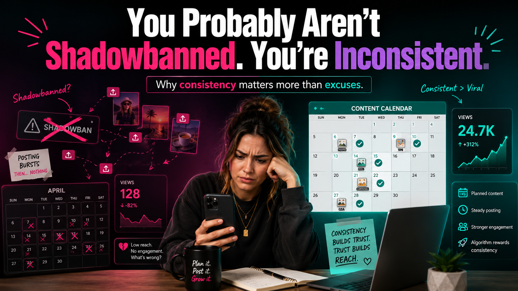 A woman sits at a desk looking at her phone, surrounded by neon-style charts, calendars, and notes about social media consistency and growth (informative scene).