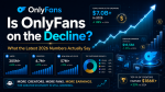 Infographic titled 'Is OnlyFans on the Decline?' with data panels on users, creators, new sign-ups and earnings, plus growth charts and a blue analytics background.